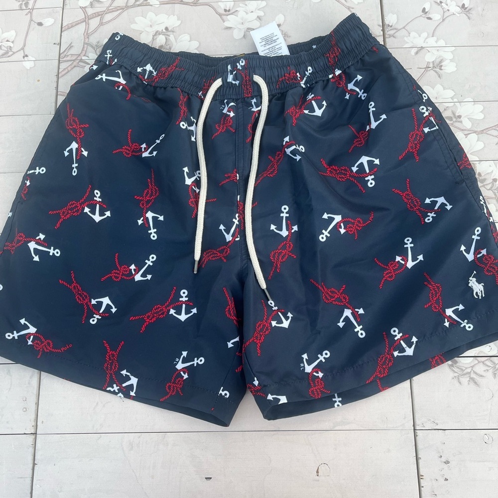 Polo by Ralph Lauren Dark Blue Swim Trunks with Red and White Nautical Design